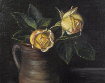 Yellow Roses, Still Life, Original Oil Painting by Oksana Ensary, small wall decor, small gift