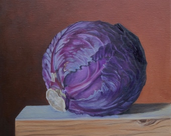 Red Cabbage, original oil painting by oksana Ensary, square painting, kitchen wall decor