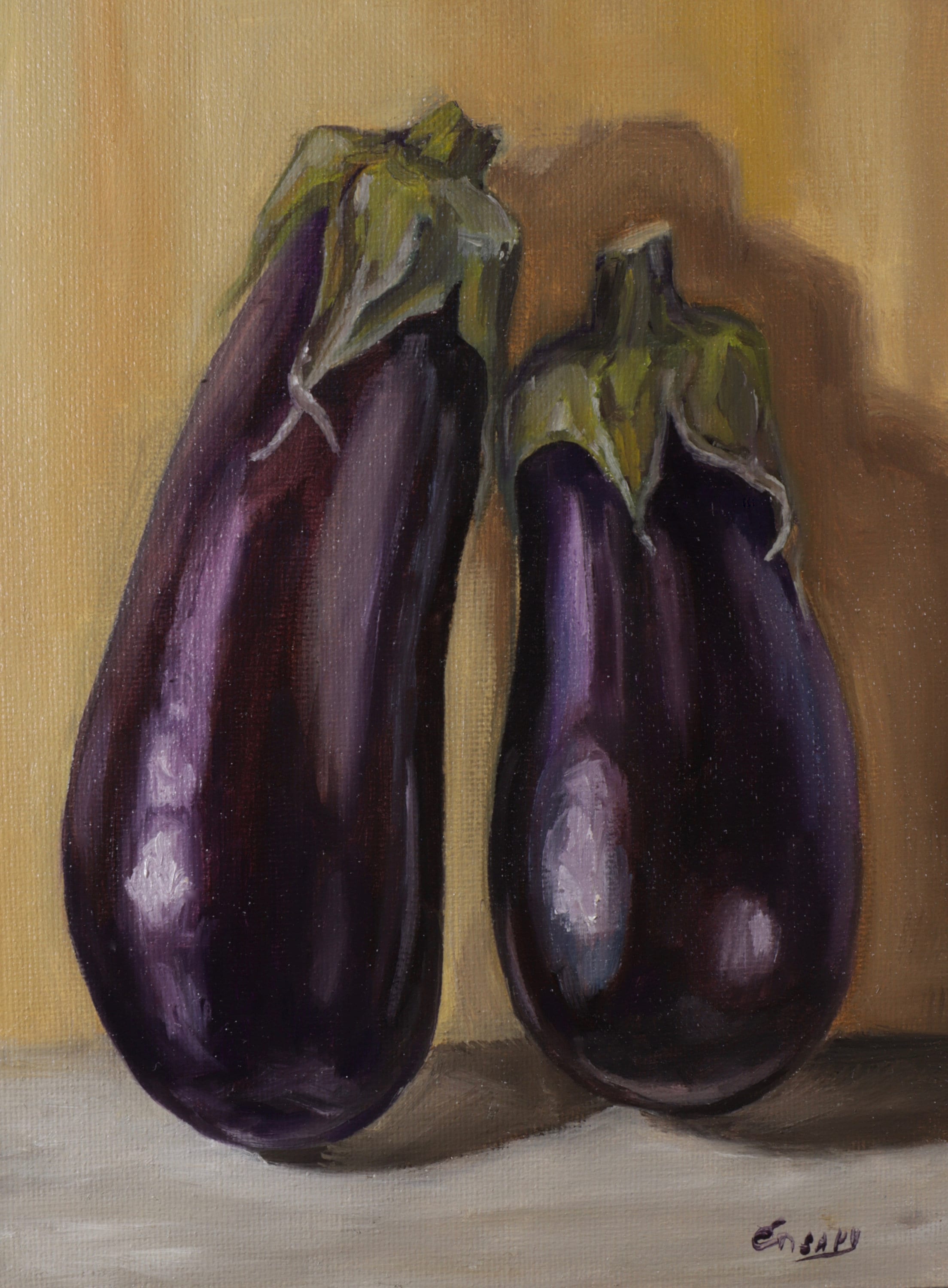 Two Eggplants, Kitchen Still Life, Original Oil Painting by Oksana