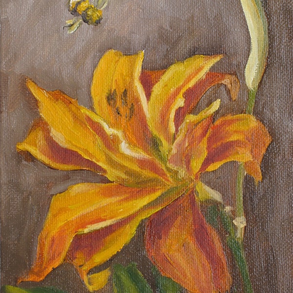 Summer Daylily, original oil painting, flower painting, summer flowers, small painting, bee painting, Oksana Ensary