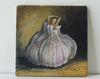 Small square wall decor Head of Garlic original oil painting by Oksana Ensary still life