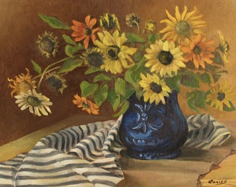 Italian Sunflowers in a Blue Vase, original oil painting, sunflowers buoquet, flowers bouquet, still life, wall decor, Oksana Ensary