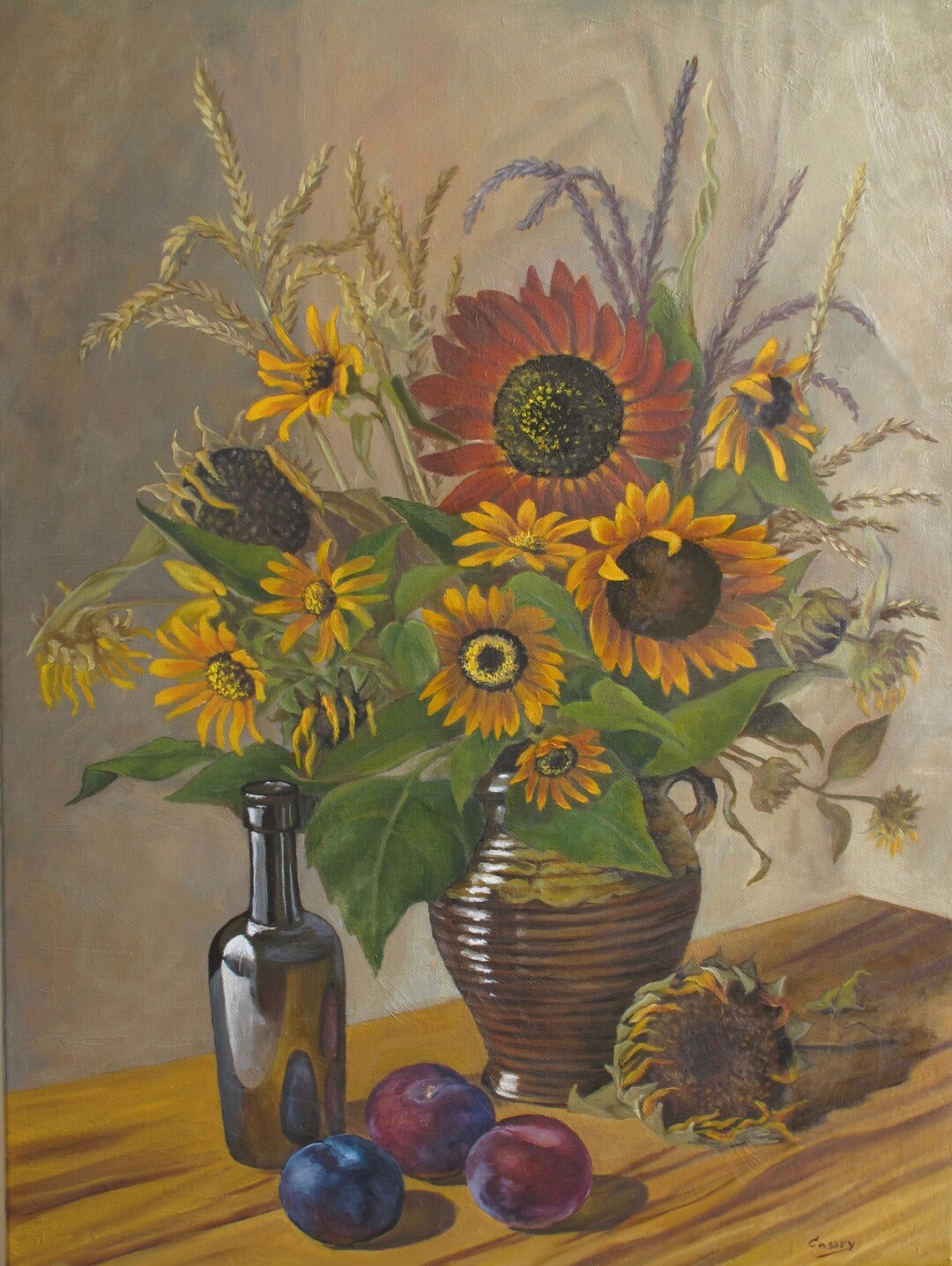 Bouquet of Sunflowers in a Vase, Still Life With a Bottle and Plums ...