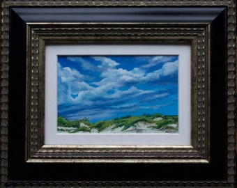 Dunes, Texas shore, Clouds, small acrylic painting by Oksana Ensary, tiny painting