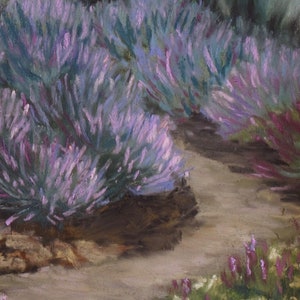 May include: A painting of a lavender field with a dirt path leading through the center. The lavender is a light purple color and the path is a light brown color. The painting is done in a realistic style.