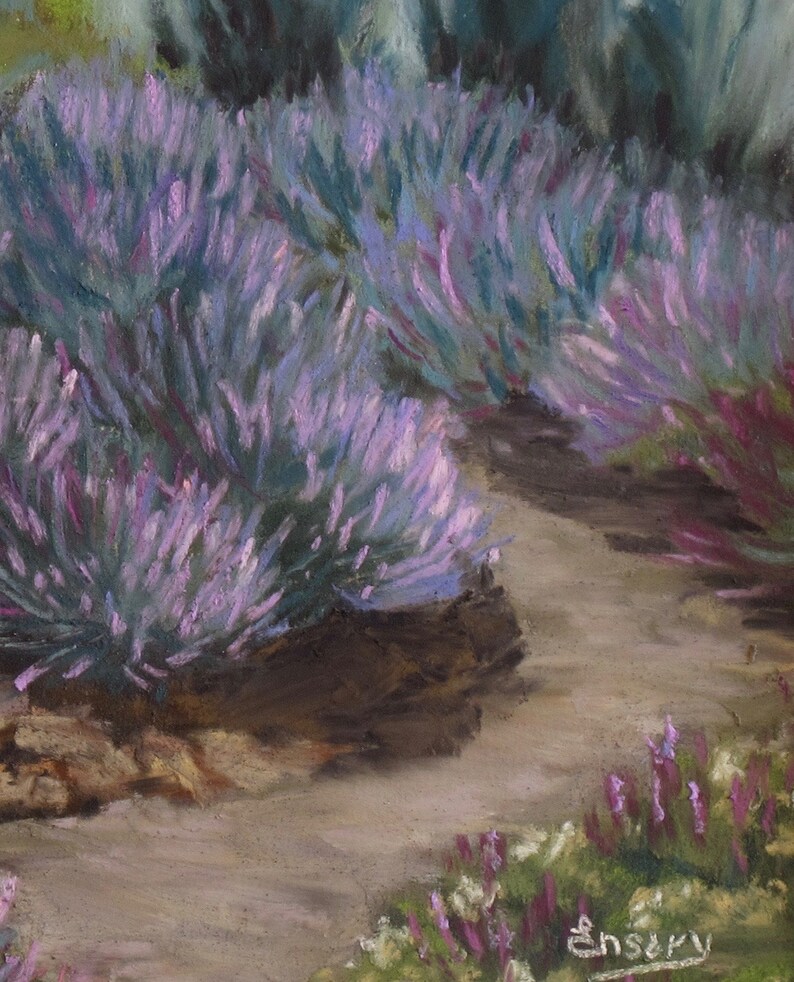 May include: A painting of a lavender field with a dirt path leading through the center. The lavender is a light purple color and the path is a light brown color. The painting is done in a realistic style.