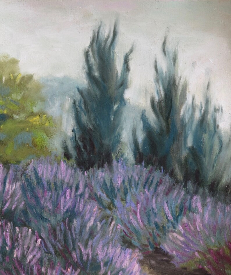 May include: A pastel painting of a field of lavender flowers with tall, dark green trees in the background. The sky is a light gray, and the trees are silhouetted against the sky.