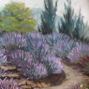 May include: A pastel painting of a lavender field with a path leading through it. The field is in the foreground, and there are trees in the background. The sky is a light gray, and the painting has a soft, dreamy feel.