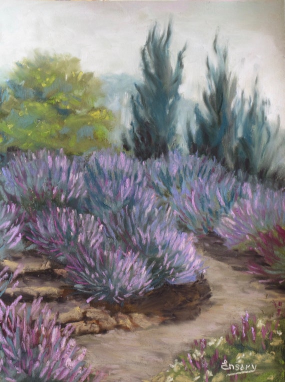 Lavender Farm, Maui, Lavender soft pastel painting, foggy morning, lavander in fog, original pastel painting, hawaii, maui landscape