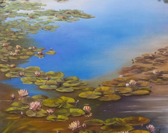 Pond, Water Lilies, Lake, Oil on canvas, Original oil painting by Oksana Ensary, Landscape