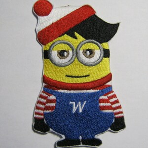 May include: Embroidered patch of a yellow minion wearing a red and white striped shirt, blue overalls with a white "W" on the front, a red and white hat with a white pom-pom, and black hair.