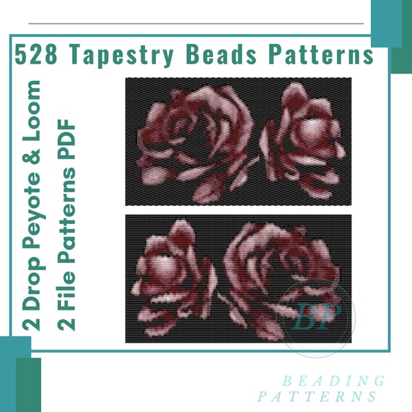 Roses tapestry patterns peyote and loom, 2 file pdf beaded pattern, seed beads miyuki delicas, beadwork woven loom bead, 528