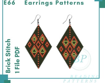 Brick stitch earrings patterns, beading pattern miyuki beads, romb earrings beadwork patterns, E66