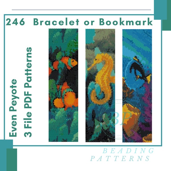 Ocean Sea Coral Fish, zelfs peyote armbandenpatronen, Cuff Beadwoven Beads Tutorial, 3 pdf één prijs, 246