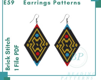 Brick stitch earrings patterns, beading pattern miyuki beads, romb earrings beadwork patterns, E59