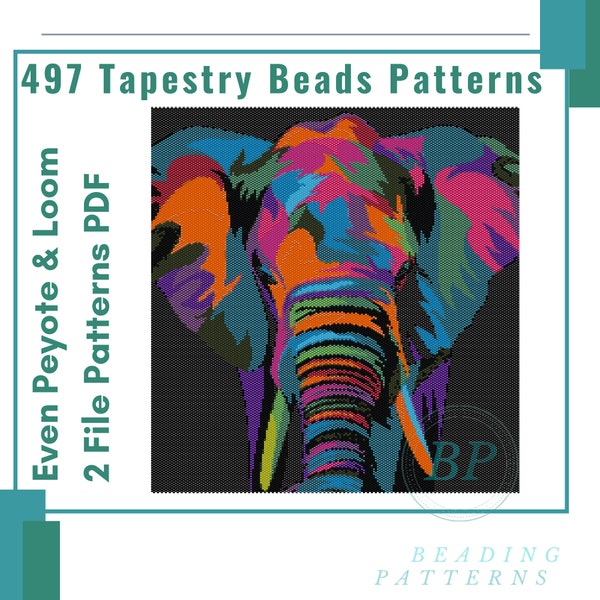 Colorful elephant peyote patterns, loom woven beaded tapestry, large art pop miyuki, beads tutorial diy tapestry, 497