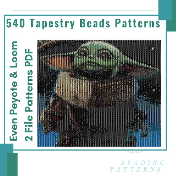 Yoda tapestry beads even peyote and loom patterns, 2 file pdf seed bead, woven tapestry miyuki delicas, 540