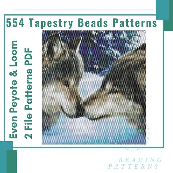 Wolf tapestry pattern peyote and loom, 2 file pdf large patterns, seedbead woven miyuki delicas, beaded even peyote beads, 554