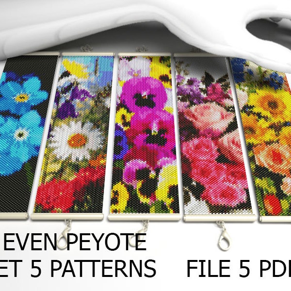 Flowers even peyote patterns bracelets or bookmarks, beaded small miyuki beads, 5 pdf file pattern flower, beading tutorials, 592