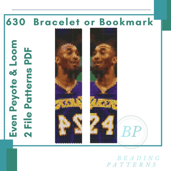 Kobe Bryant even peyote and loom patterns bracelet or bookmark, miyuki delicas 2 file pdf, beads pattern beading woven, 630