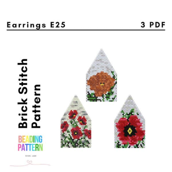 Poppies brick stitch earring designs, beading sewing with small beads, several designs one price, E25