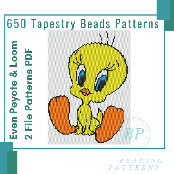 Tweety Bird tapestry beads even peyote and loom patterns, 2 file pdf seed bead, woven tapestry miyuki delicas, 650