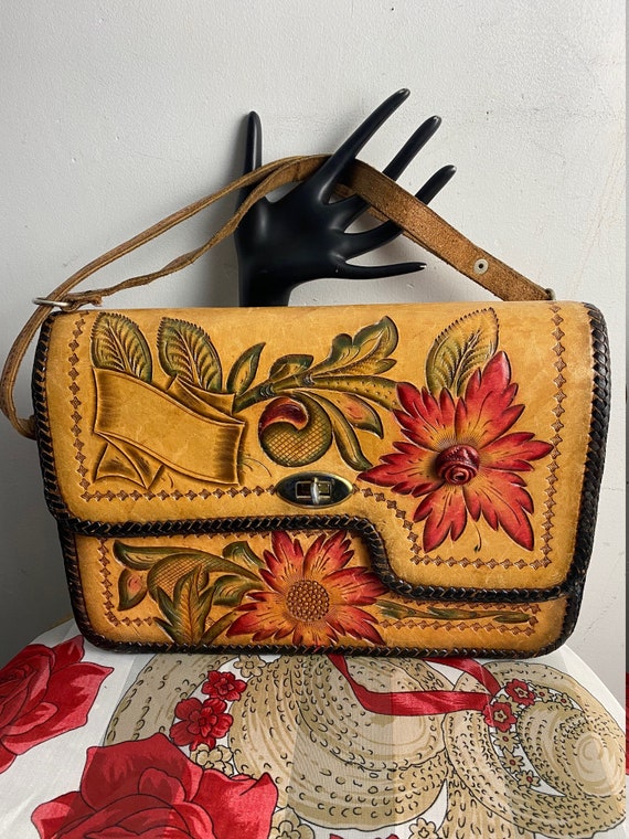 Vintage Tooled Leather Purse with Painted Roses