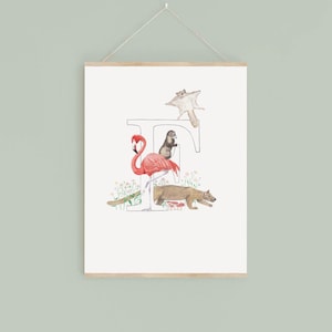 Letra F Impresión digital, plantas y animales de acuarela con regalo inicial único para niños, imagen personalizada de decoración de guardería, nuevo regalo para bebés