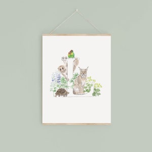 Letra L Impresión digital, plantas y animales de acuarela con regalo inicial único para niños, imagen personalizada de decoración de guardería, nuevo regalo para bebés
