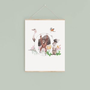 Impressão digital da letra O, plantas e animais em aquarela com inicial, presente exclusivo para crianças, imagem personalizada de decoração de berçário, novo presente para bebê