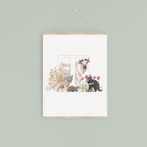 Letra T Impresión Digital, plantas y animales de acuarela con inicial, regalo para amante de los animales, imagen personalizada de decoración de guardería, nuevo regalo de bebé