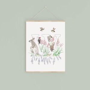 Impressão digital da letra W, plantas e animais em aquarela com inicial, presente para amantes de animais, imagem personalizada de decoração de berçário, novo presente para bebê