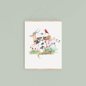 Impressão digital da letra I, plantas e animais em aquarela com inicial, presente exclusivo para crianças, imagem personalizada de decoração de berçário, novo presente para bebê