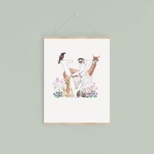 Letra V Impresión Digital, plantas y animales de acuarela con inicial, regalo para amante de los animales, imagen personalizada de decoración de guardería, nuevo regalo de bebé