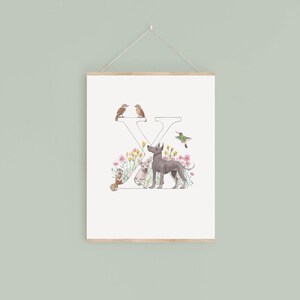 Impressão digital da letra X, plantas e animais em aquarela com inicial, presente exclusivo para crianças, imagem personalizada de decoração de berçário, novo presente para bebê