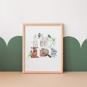 Letter B Nursery Print | Wildlife and Plant Art |  Baby Shower Gift | Watercolor Wall Art | Initial Art | Animals Initial | Nursery Decor