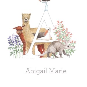 IMPRESIÓN INICIAL DIGITAL PERSONALIZADA, impresión de acuarela de plantas y animales, imagen de decoración personalizada de vivero para niños / bebés, nuevo regalo para bebés