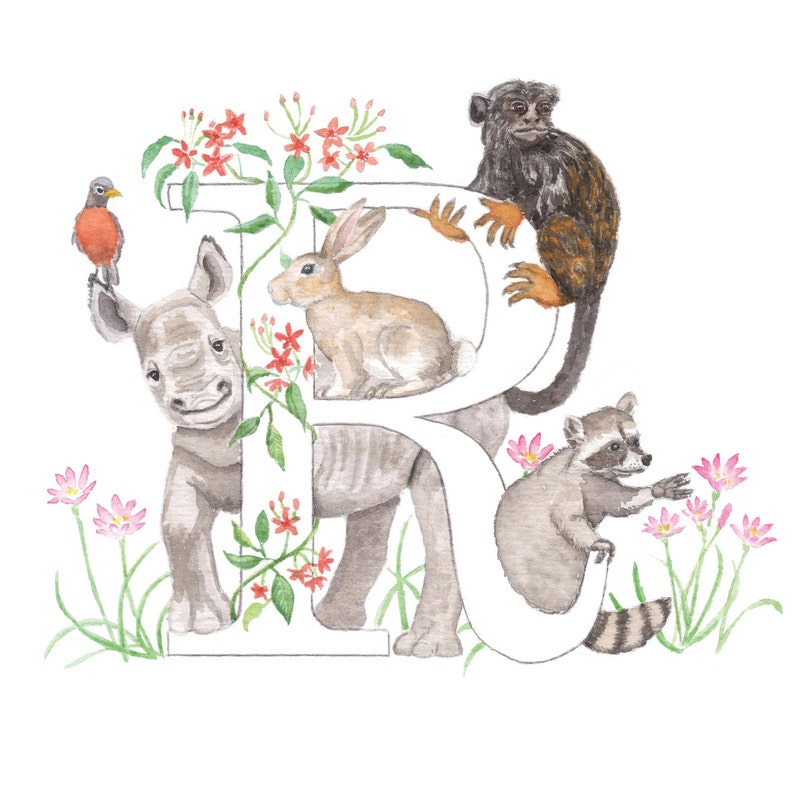 Letter R Nursery Print, Watercolor Animals Initial (digital Download ...