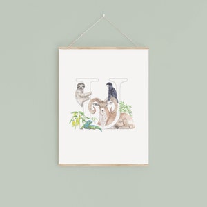 Impressão digital da letra U, plantas e animais em aquarela com inicial, presente para amantes de animais, imagem personalizada de decoração de berçário, novo presente para bebê