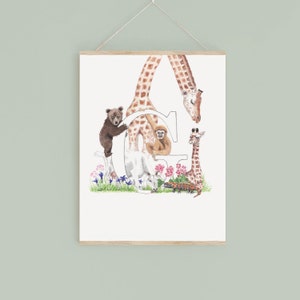 Impressão digital da letra G, plantas e animais em aquarela com inicial, presente exclusivo para crianças, imagem personalizada de decoração de berçário, novo presente para bebê