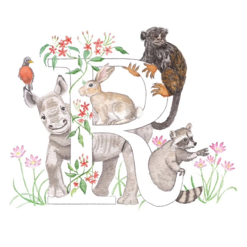 Letter R Animal Watercolor Nursery Print | Initial Wall Art - Etsy