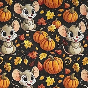 May include: A repeating pattern on a black background featuring cartoon mice with large ears and smiling faces, interspersed with orange pumpkins and scattered autumn leaves in shades of yellow, gold, and red throughout the entire design.