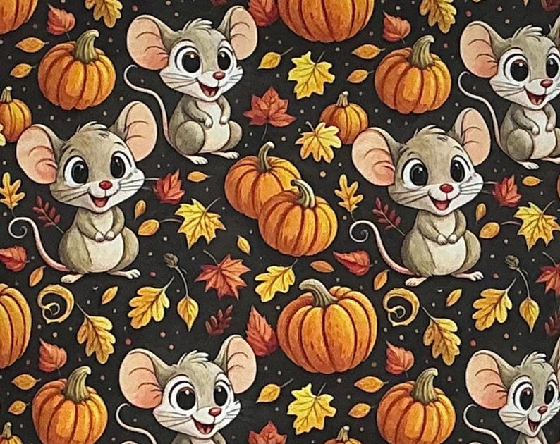 May include: A repeating pattern on a black background featuring cartoon mice with large ears and smiling faces, interspersed with orange pumpkins and scattered autumn leaves in shades of yellow, gold, and red throughout the entire design.