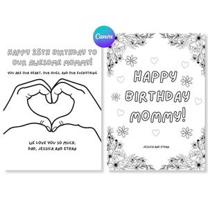 Cartão de Feliz Aniversário para Mamãe Editável | Imprimir para Colorir | Modelo Canva | Cartão de Aniversário para Mamãe Faça Você Mesmo de Crianças, Pais | Download Digital 5x7
