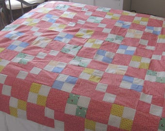 Quilt Top - Enchanting Cinnamon Pink, Shirting and Multi Four-Patch Quilt TOP 70X60"