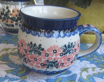1 Charming Unikat Polish Pottery Green and Blue Floral Mug