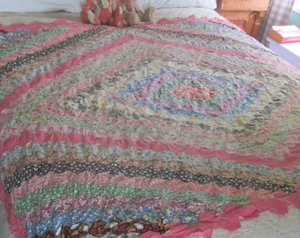 Beautiful Vintage Multicolored Feedsack Trip Around the World Quilt Top 50X67”