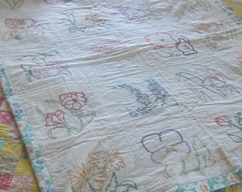 Stunning Vintage Hand Embroidered Small Quilt 42X34"