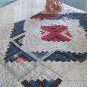 Quilt TOP - Antikes Indigo und Shirting Blockhaus Quilt TOP 47X33 ”