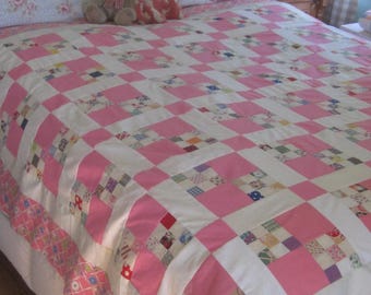 Quilt Top - Very Charming Vintage Multicolored Pink Feedsack Postage Stamp Quilt Top 77X68”